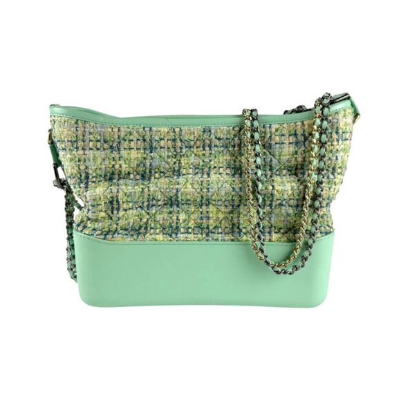 Auth CHANEL Gabrielle Hobo Shoulder Bag Green Tweed/Leather/Goldtone - Picture 1 of 13